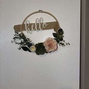 Welcome Wreath With Greenery And Rise Petal Peachy Pink. Hello Greeting